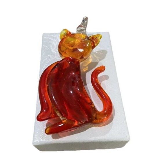 Vintage Blown Art Glass Amberina Red Aventurine Cat Pendant for Necklace 2.5” - Picture 3 of 6
